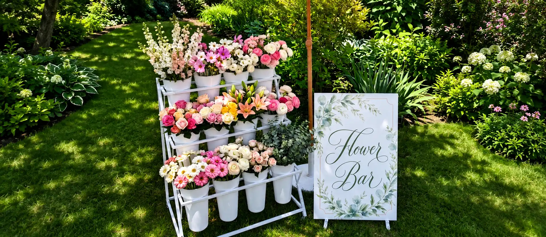 Tiered white flower bar stand with fresh pink and white blooms, fringed umbrella and Flower Bar sign set up in an Ottawa garden