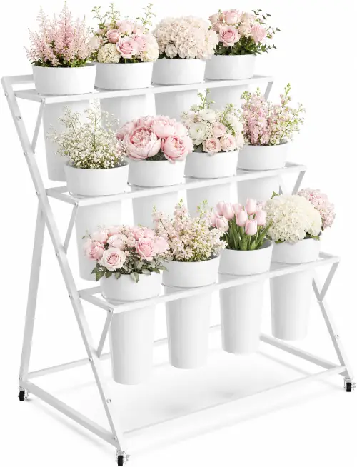 3-tier white metal flower bar stand on wheels filled with fresh blooms, Ottawa flower bar rental