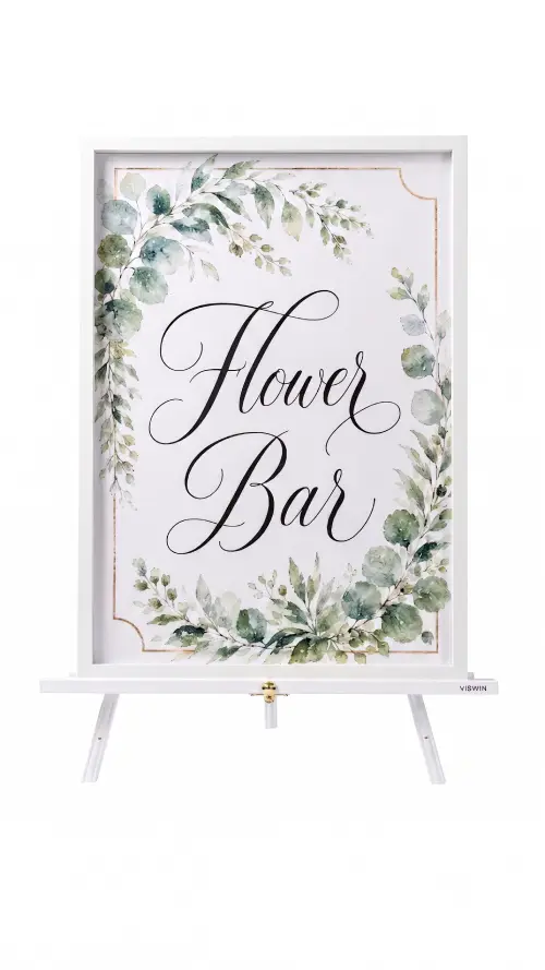Flower Bar sign in watercolour greenery frame on a white easel for Ottawa flower bar rentals