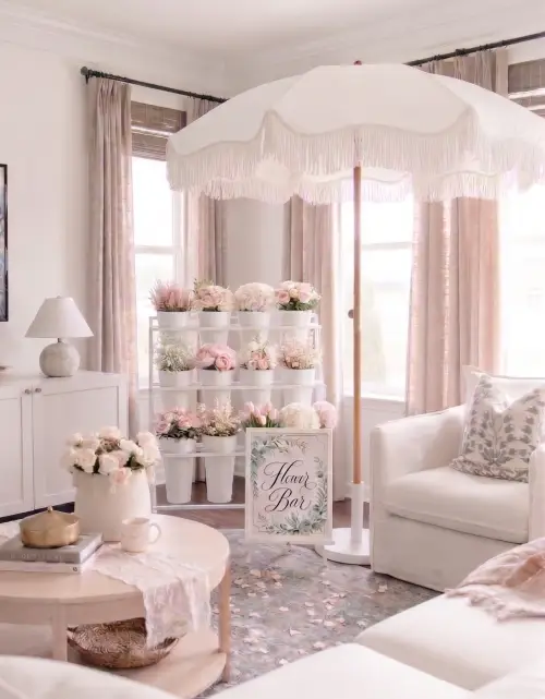 Indoor flower bar rental styled in a bright Ottawa living room for a bridal shower